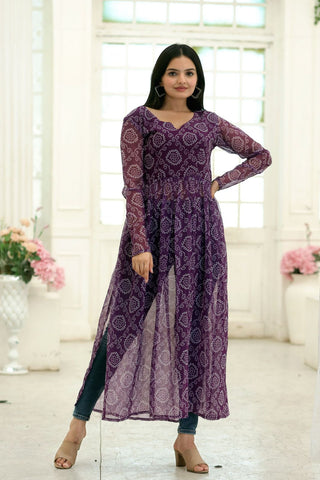 Party Wear Full Sleeves Wine Color Kurti Clothsvilla
