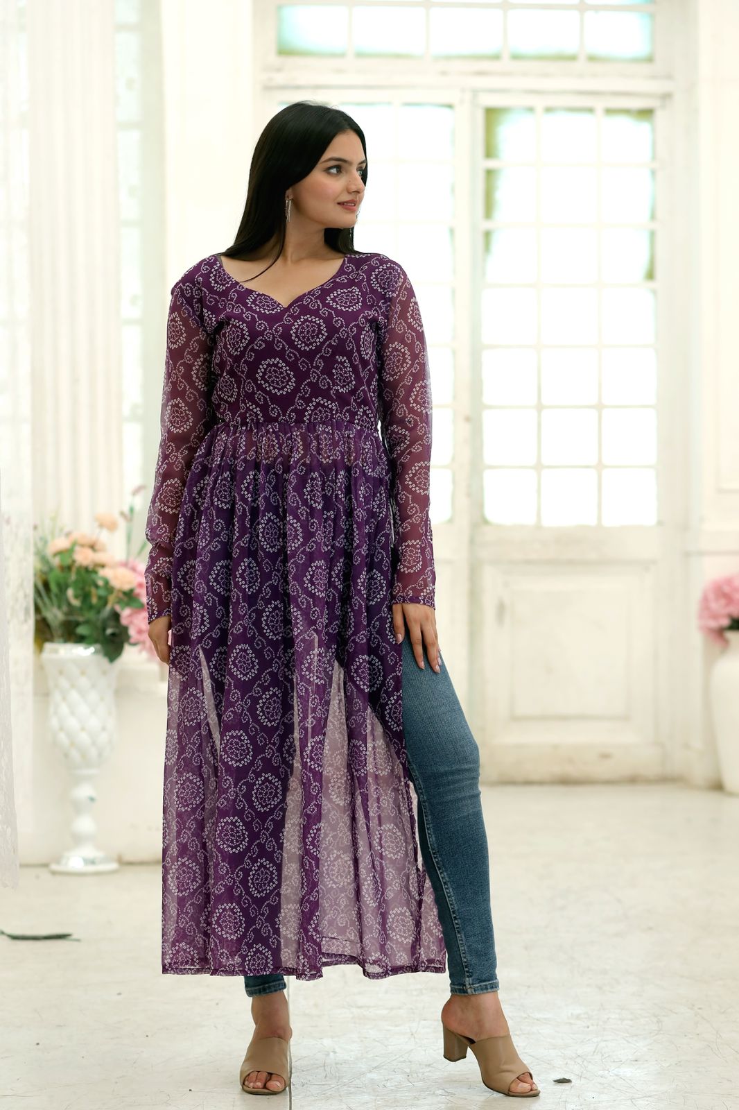 Party Wear Full Sleeves Wine Color Kurti Clothsvilla
