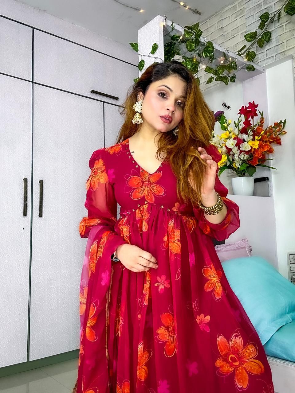 Maroon Handwork Fully Stitched Gown