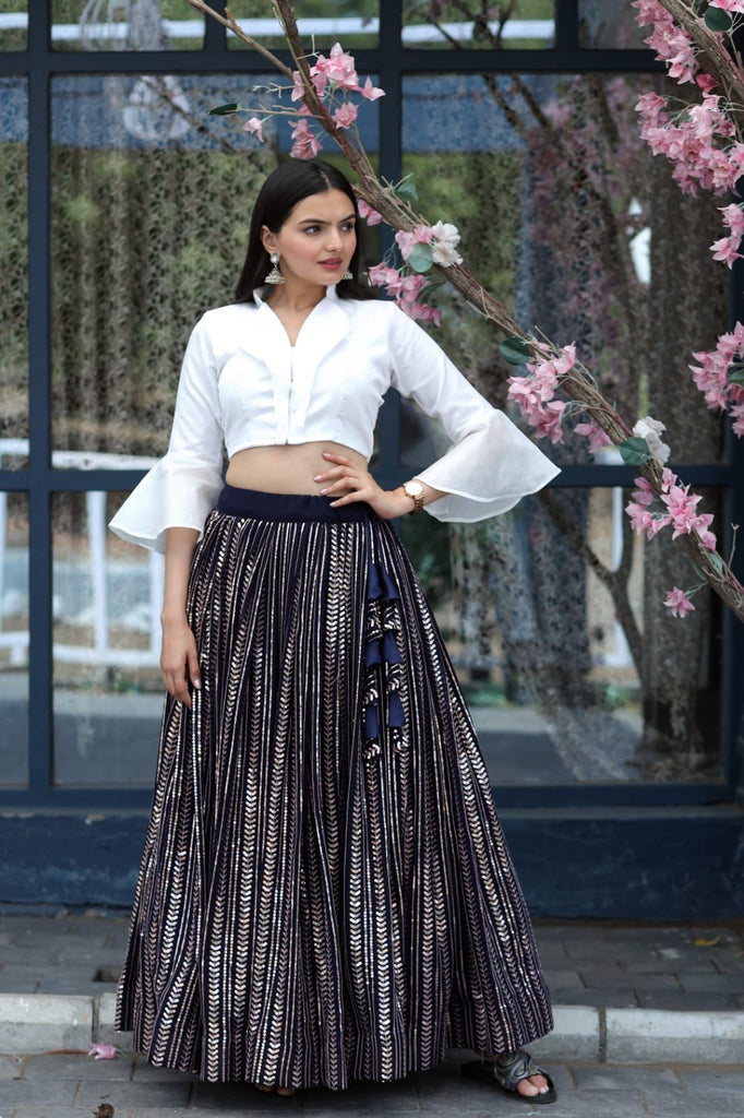 Pretty Black Zari Weaving Banarasi Silk Indo-Western Crop Top Lehenga -  Zeel Clothing - Medium