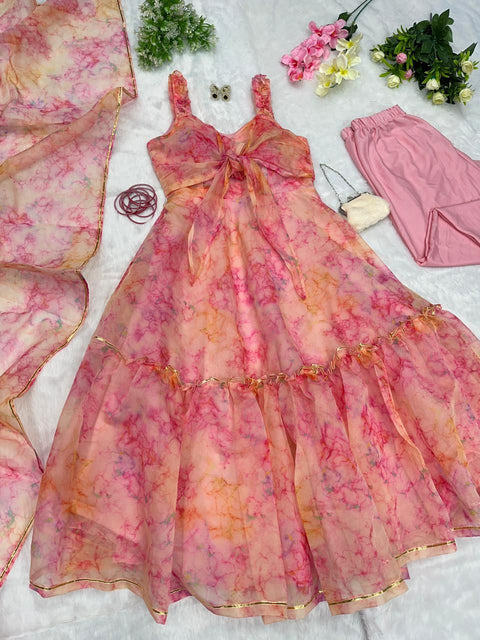 Digital Printed Peach Color Fully Stitched Anarkali Gown Main image
