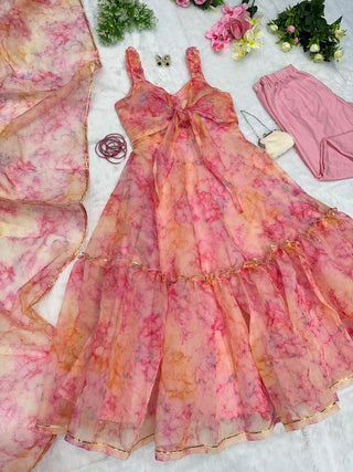 Digital Printed Peach Color Fully Stitched Anarkali Gown