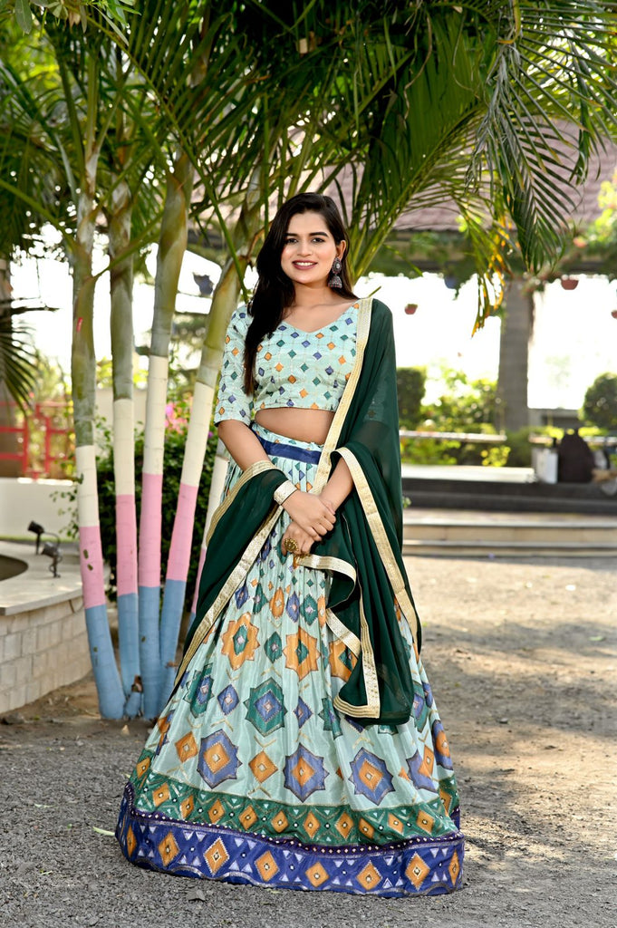 Wedding Wear Printed Pista Green Color Lehenga Choli Clothsvilla