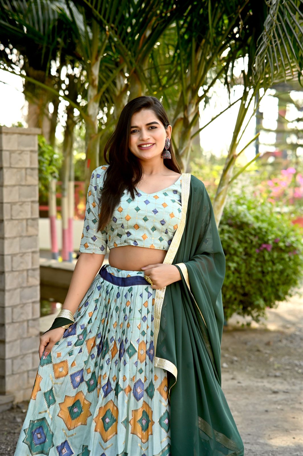 Wedding Wear Printed Pista Green Color Lehenga Choli Secondary image