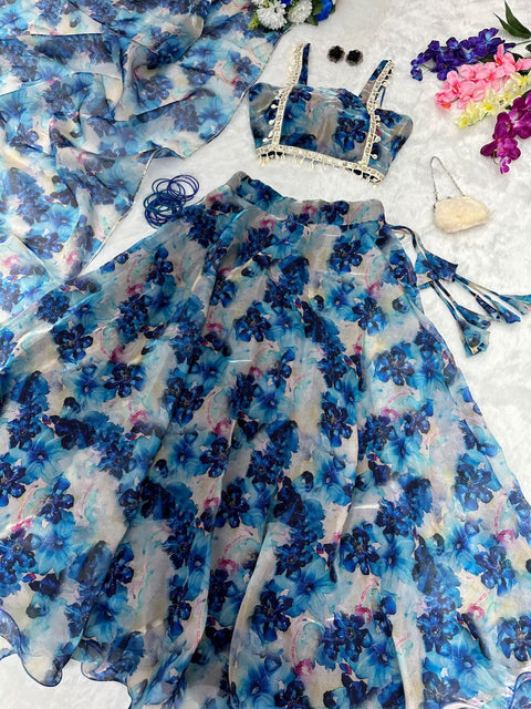 Organza silk Fancy Printed Blue Color Lehenga Choli Main image