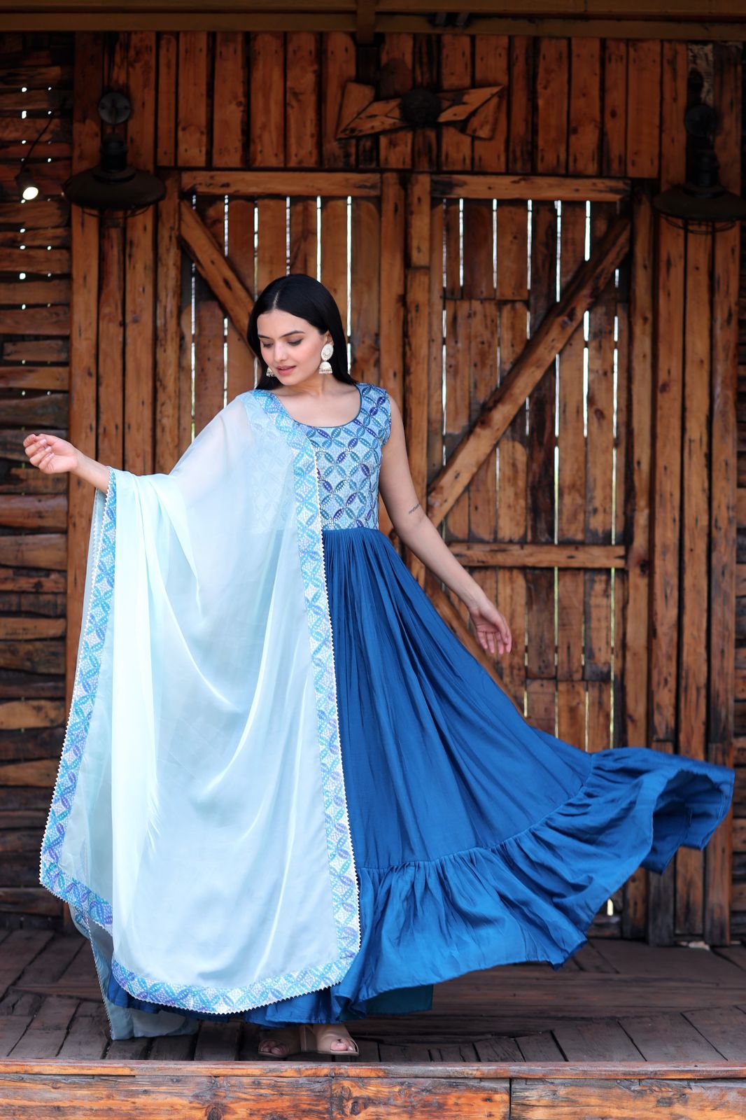 Fashionable Work Blue Gown With Dupatta Clothsvilla