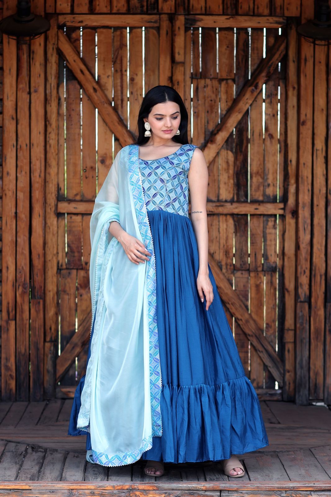 Fashionable Work Blue Gown With Dupatta Clothsvilla