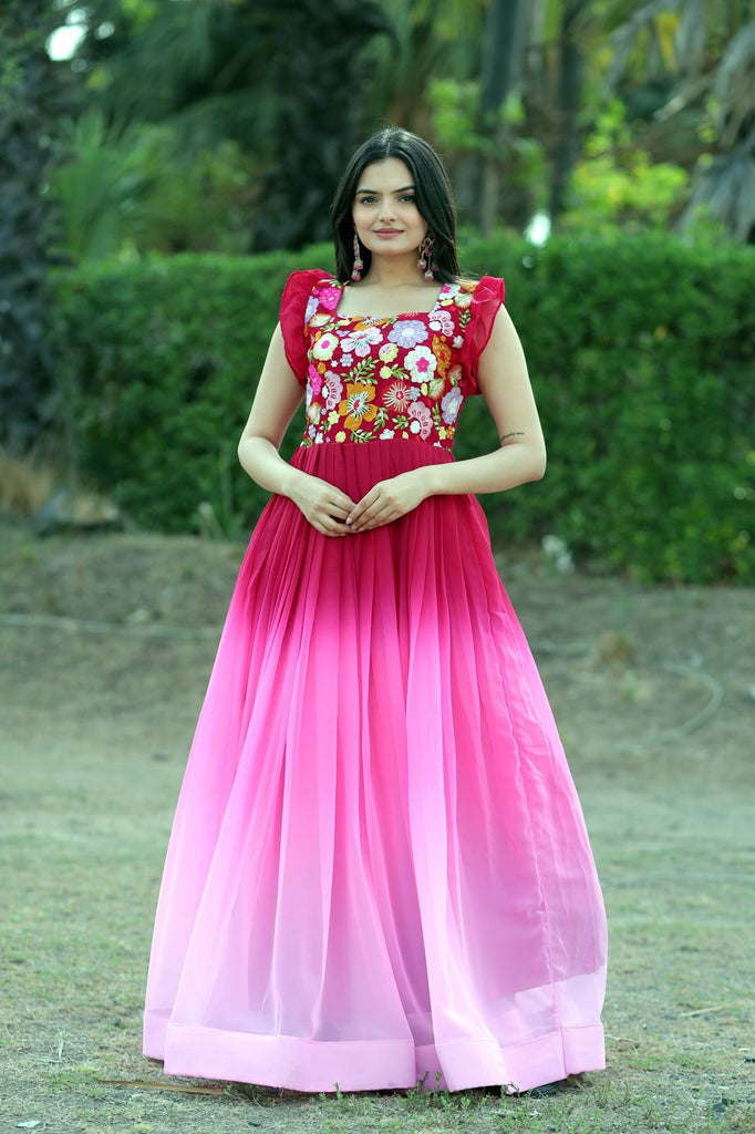 Rani Pink Color Full Stitched Designer Faux Georgette Gown