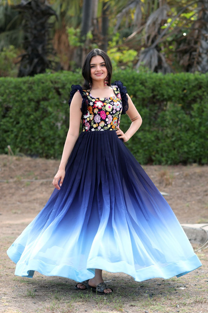 Beautiful Work Double Shaded Blue Color Gown Clothsvilla