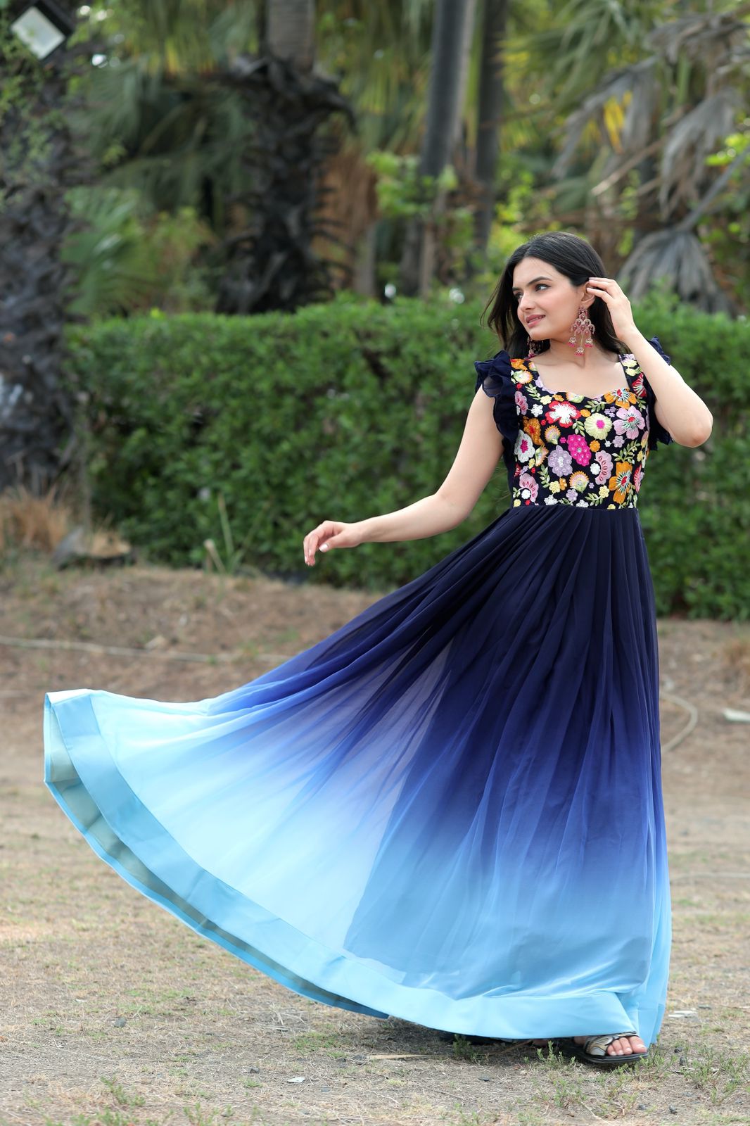 Beautiful Work Double Shaded Blue Color Gown Clothsvilla