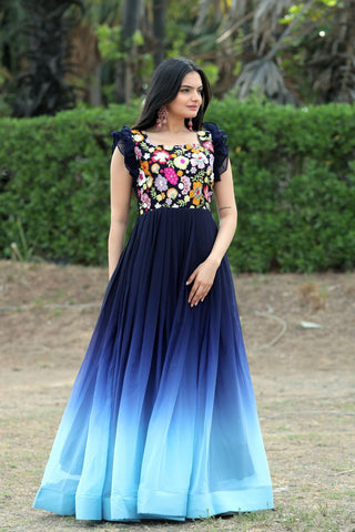 Beautiful Work Double Shaded Blue Color Gown Clothsvilla