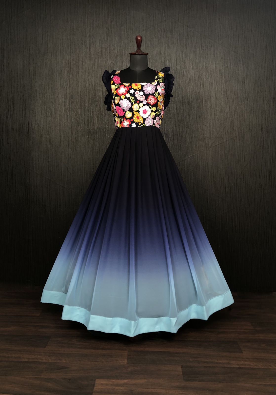 Beautiful Work Double Shaded Blue Color Gown Clothsvilla