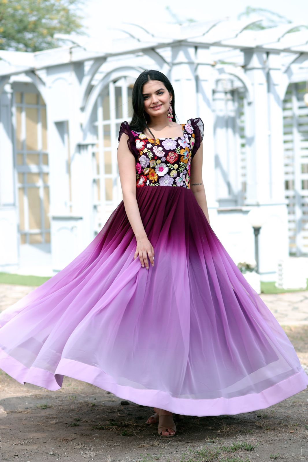 Beautiful Work Double Shaded Wine Color Gown Clothsvilla