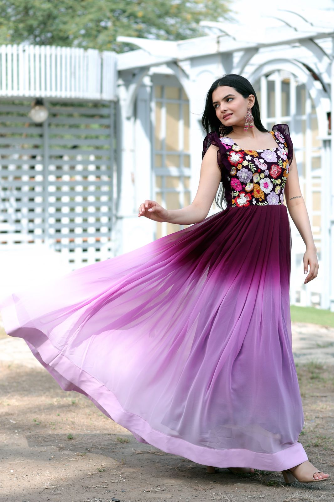 Beautiful Work Double Shaded Wine Color Gown Clothsvilla