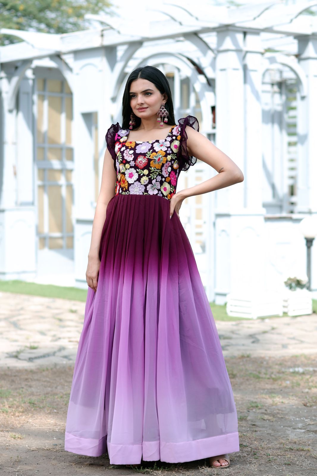 Beautiful Work Double Shaded Wine Color Gown Clothsvilla