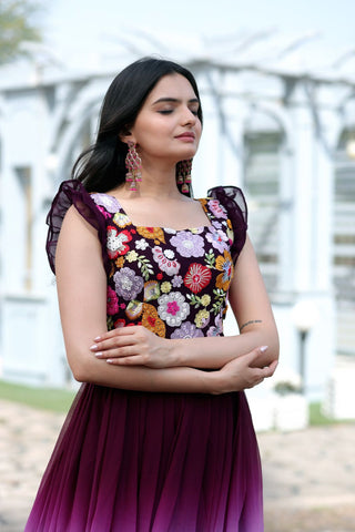 Beautiful Work Double Shaded Wine Color Gown Clothsvilla