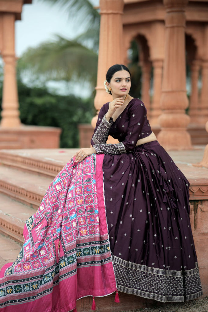 Buy LAALZARI Wine Color Lehenga and Blouse with Attached Dupatta (Set of 2)  online