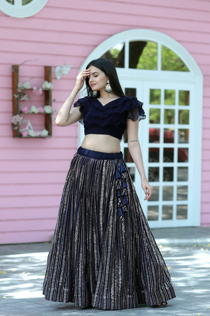 Good Looking Navy Blue Color Lehenga With Blouse