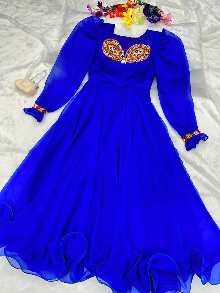 Fairy Look Mirror Work Blue Color Anarkali Gown