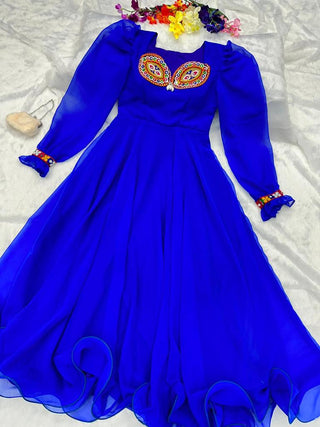 Fairy Look Mirror Work Blue Color Anarkali Gown