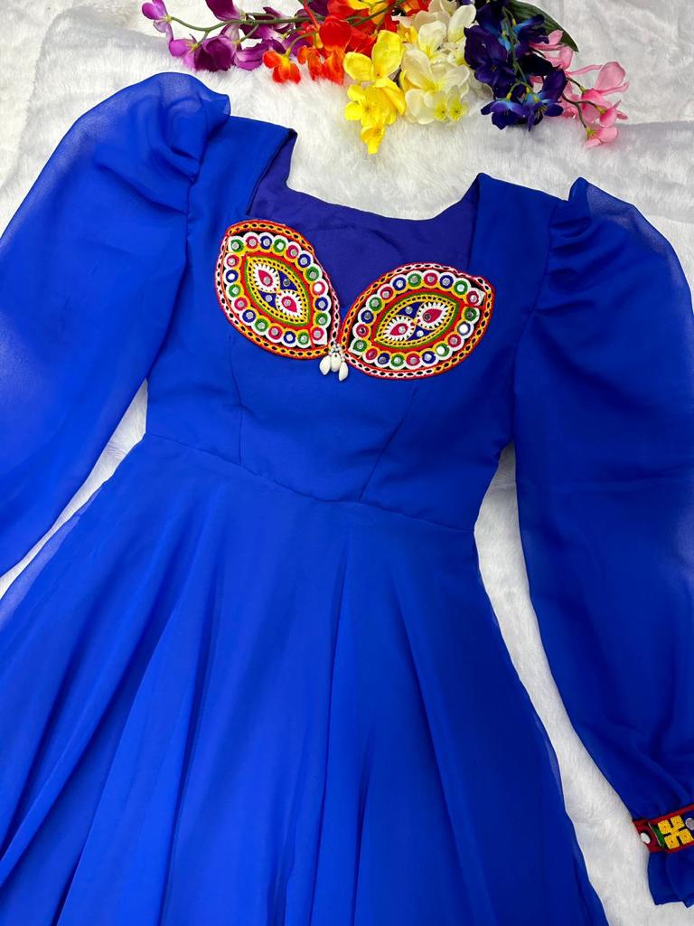 Fairy Look Mirror Work Blue Color Anarkali Gown