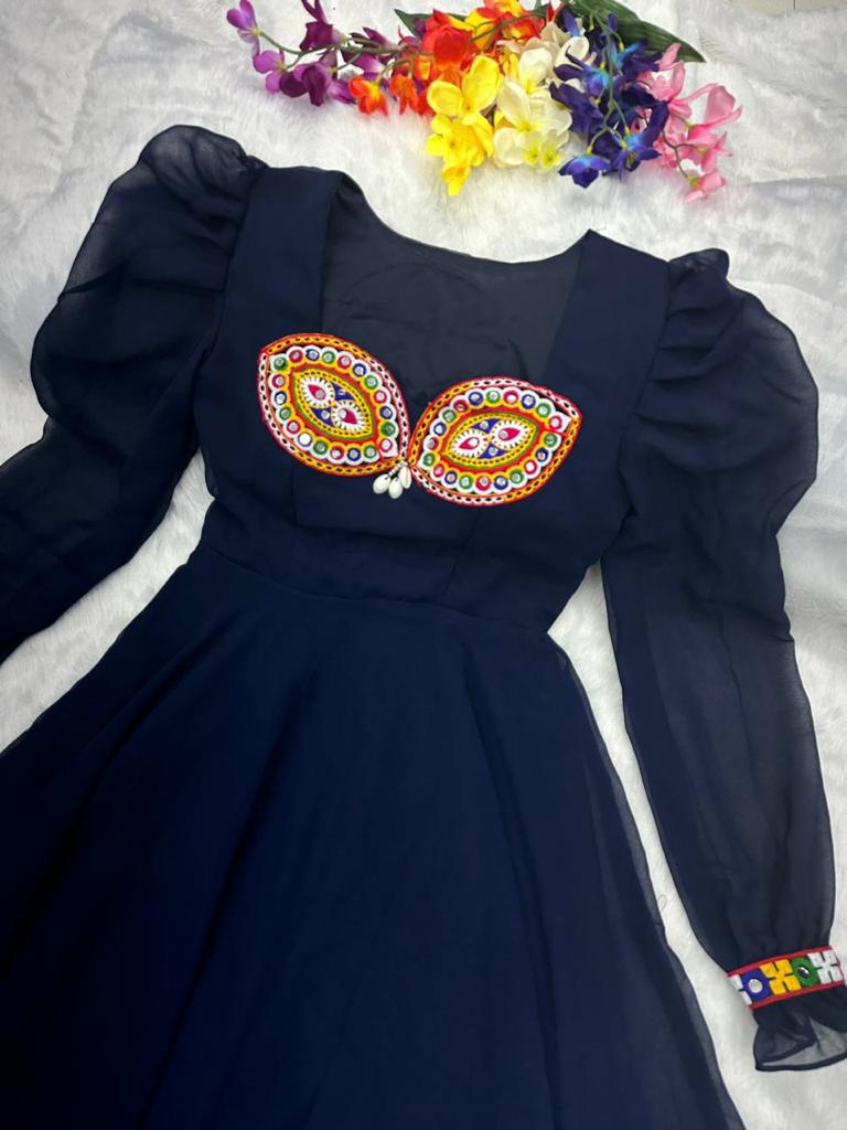 Fairy Look Mirror Work Navy Blue Color Anarkali Gown