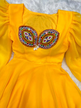 Fairy Look Mirror Work Yellow Color Anarkali Gown