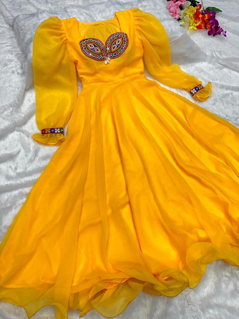 Fairy Look Mirror Work Yellow Color Anarkali Gown