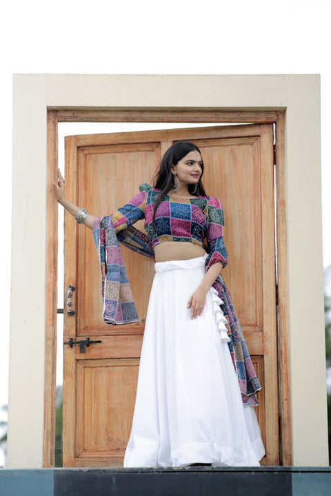 White Plain Lehenga With Multi Color Blouse Main image
