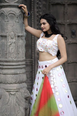 Marriage special Mirror Work White Color Lehenga Choli Clothsvilla