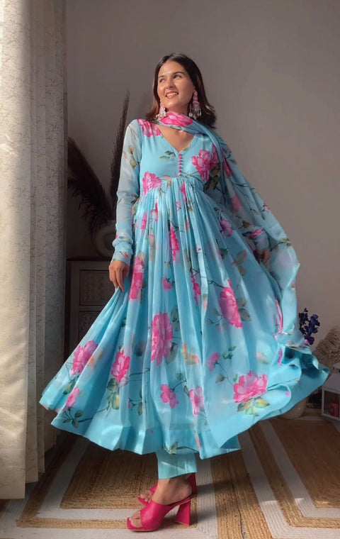 Colorful Flower Design Sky Blue Lovely Gown Main image