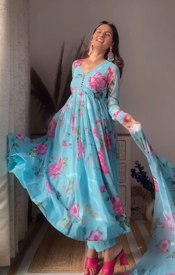 Colorful Flower Design Sky Blue Lovely Gown