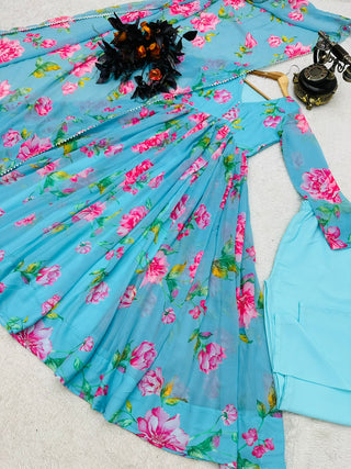 Colorful Flower Design Sky Blue Lovely Gown