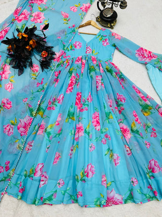 Colorful Flower Design Sky Blue Lovely Gown