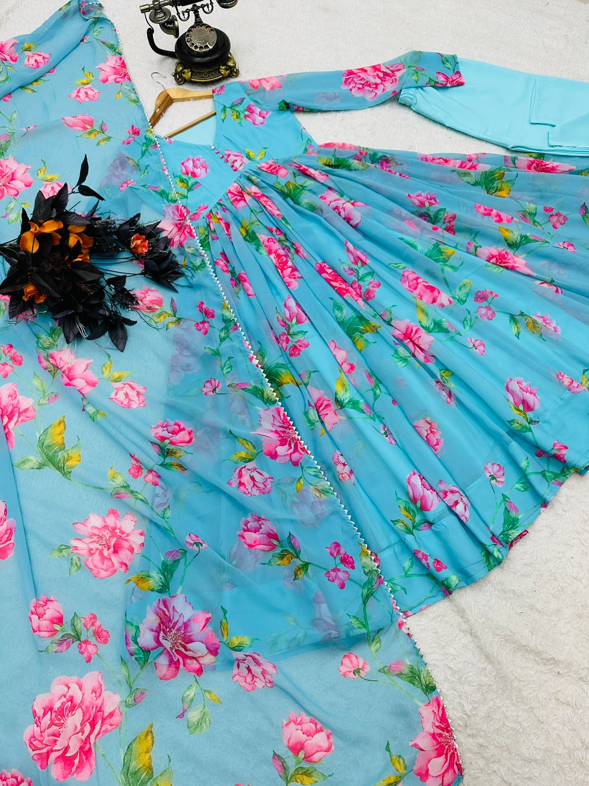 Colorful Flower Design Sky Blue Lovely Gown