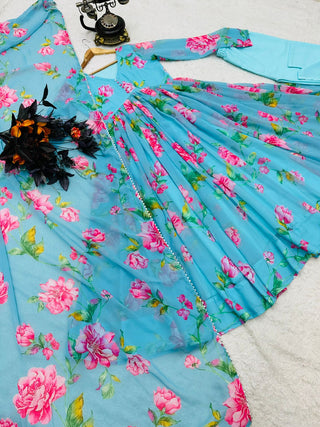 Colorful Flower Design Sky Blue Lovely Gown
