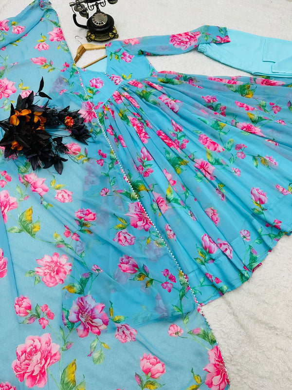 Colorful Flower Design Sky Blue Lovely Gown