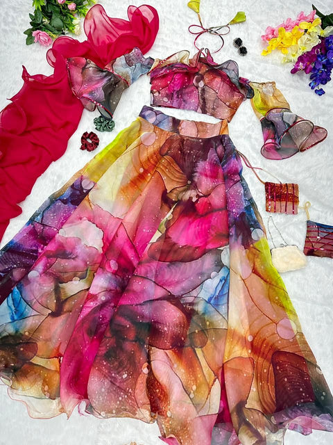 Multi Color Organza Silk Fully Stitched Lehenga Choli Main image