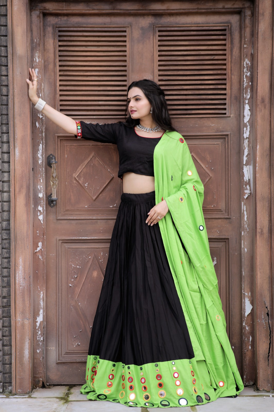 Real Mirror Work  Parrot Green With Black Lehenga Choli Main image