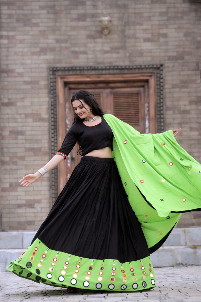Real Mirror Work Parrot Green With Black Lehenga Choli Real Mirror Work Parrot Green With Black Lehenga Choli