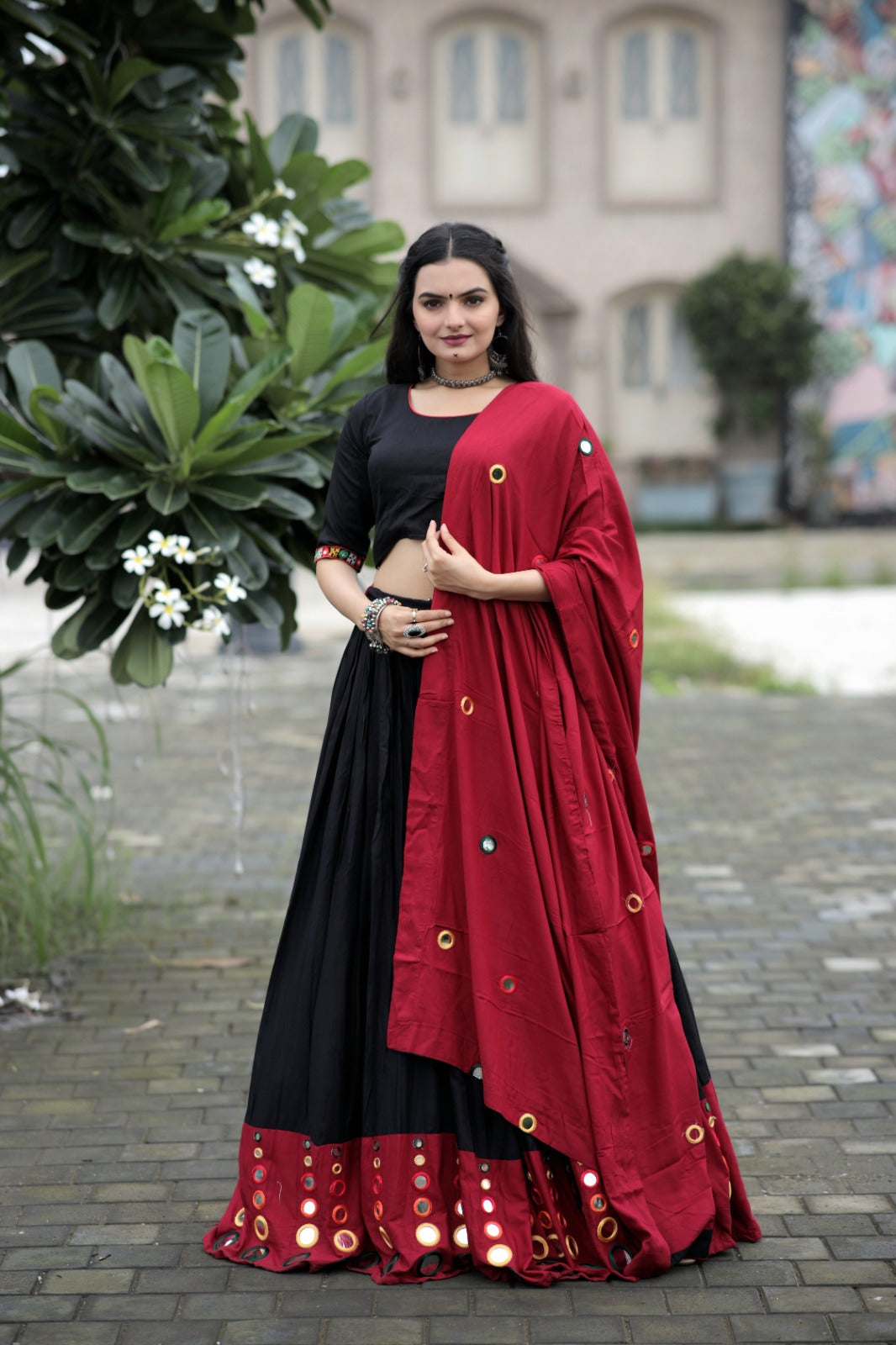 Real Mirror Work Maroon With Black Lehenga Choli Main image