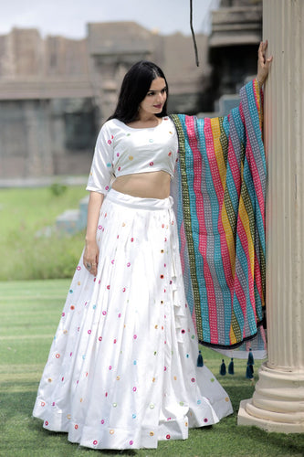 White Color Real Mirror Works Occasion Wear Lehenga Choli Clothsvilla