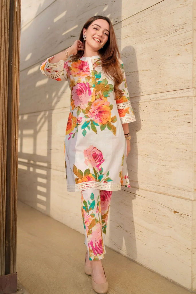 White Color Flower Print With Lace Work Kurti Pant