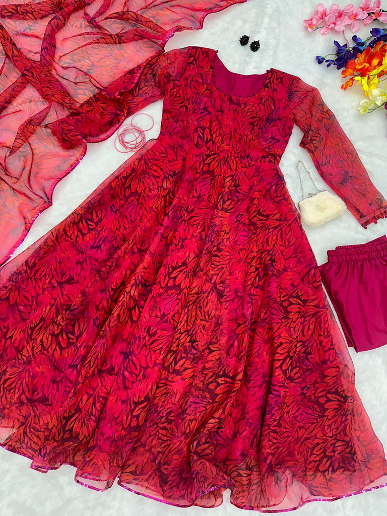 Red Color Digital Print Fancy Anarkali Suit