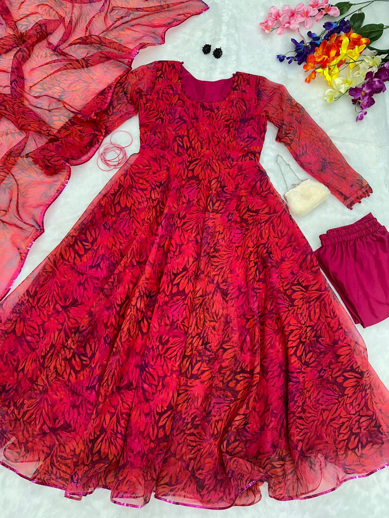 anarkali dress red colour Red Embroidered Tissue Anarkali M