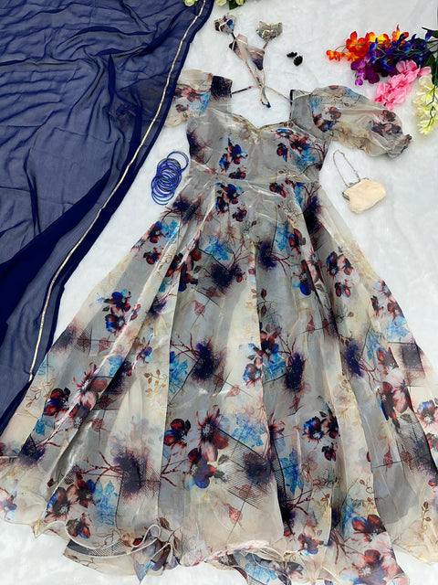 Organza Silk Multi Color Digital Print Anarkali Gown Main image