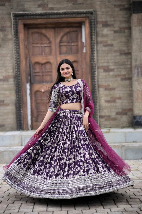 Captivating Embroidered Work Wine Color Lehenga Choli Main image
