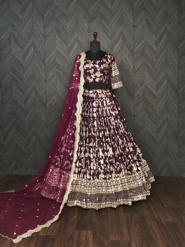 Captivating Embroidered Work Wine Color Lehenga Choli