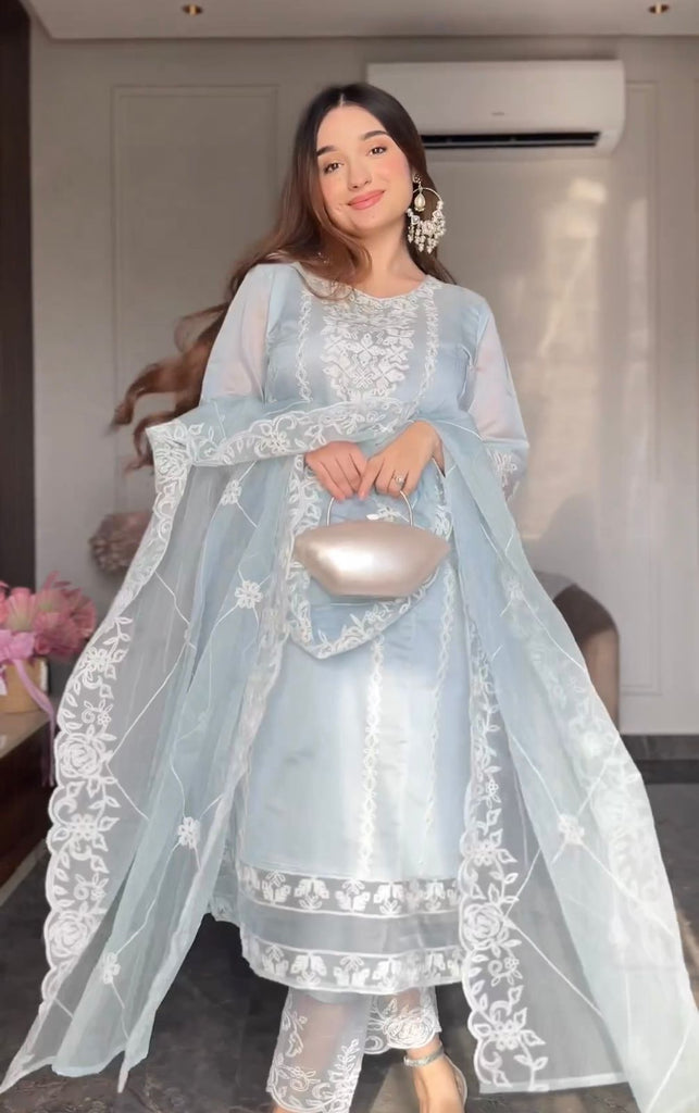 Pretty Sky Blue Organza Silk Embroidery Work Salwar Suit