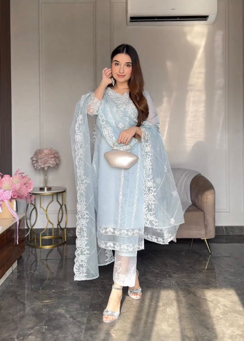 Pretty Sky Blue Organza Silk Embroidery Work Salwar Suit Main image